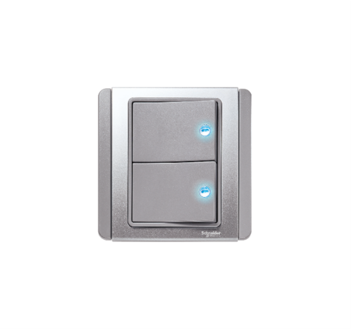 NEO - 2 Gang 1 Way Horizontal Dolly Switch with Blue LED (Grey Silver)